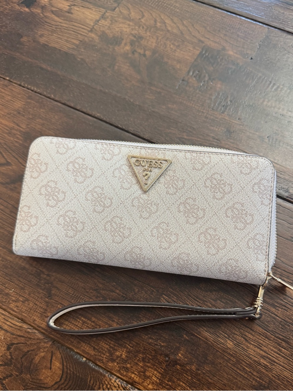Guess Beige Monogram Zip-Around Wristlet Wallet with Gold Logo - Picture 7 of 16